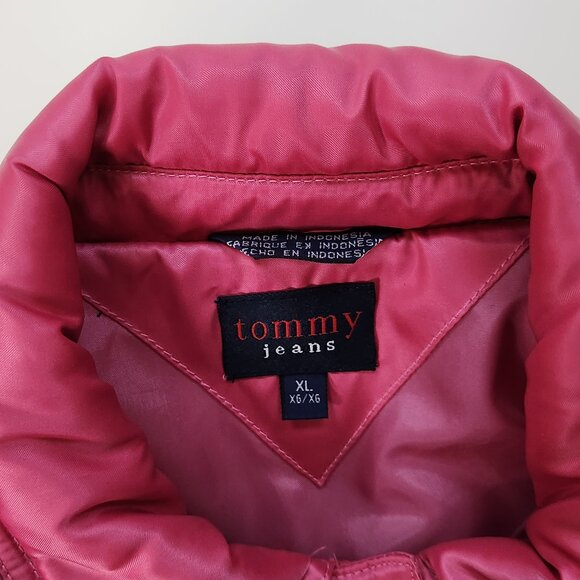 Y2K Tommy Hilfiger Puffer Jacket Girls XL Pink Youth Pockets Snap Front Casual X - Picture 4 of 7